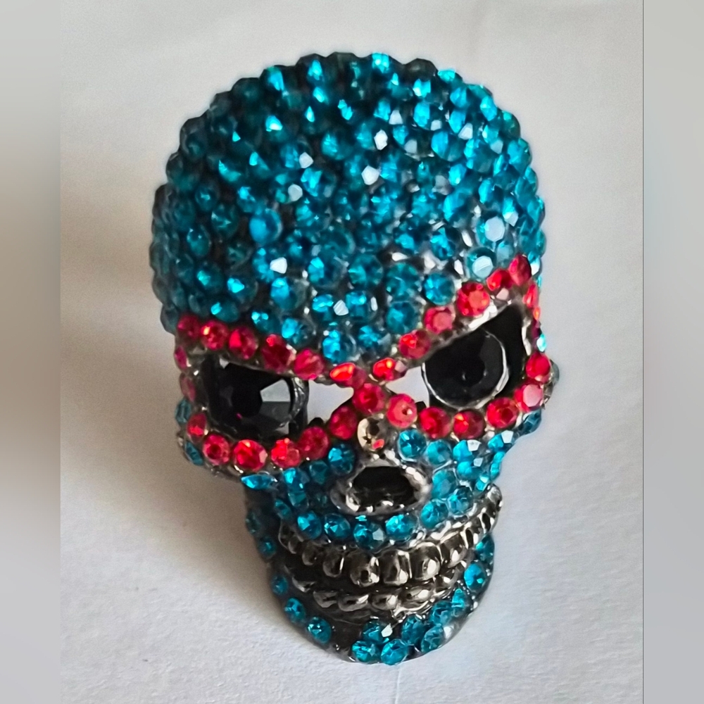 Irregular Choice Moving Jaw Teal and Red Crystal Skull Cocktail Ring